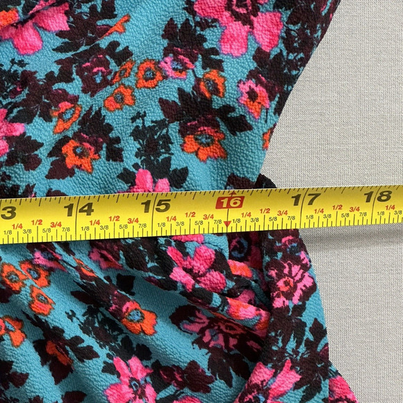 Cheztu Womens‎ Dress 12 Turquoise Blue Pink Floral Faux Wrap Ruffle Cottagecore - Picture 12 of 16